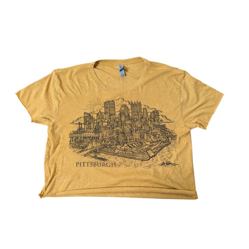 Pittsburgh Skyline by Chris Deighan Graphic Crop Top T-Shirt Yellow Size Large